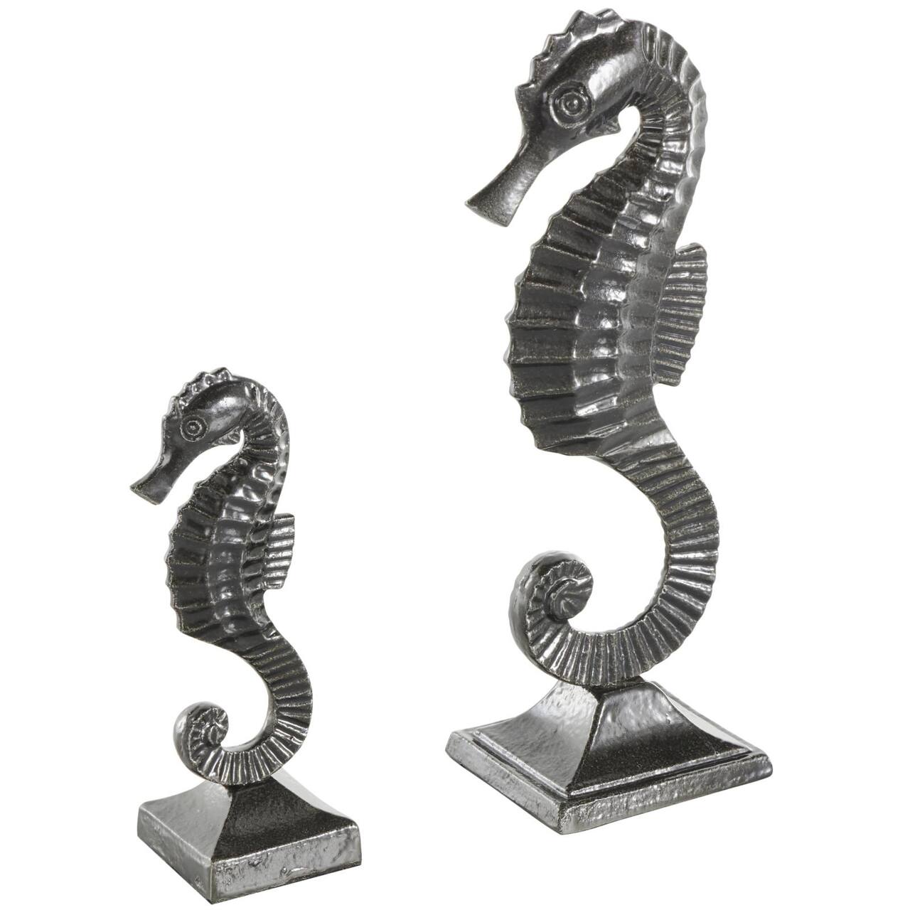 Black Aluminum Sea Horse Sculpture Set with Square Bases